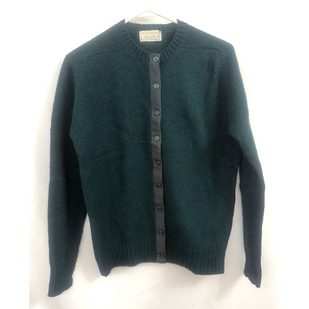 VTG Braemar International Scottish Shetland 100% Wool Green Cardigan Size 40 S/M